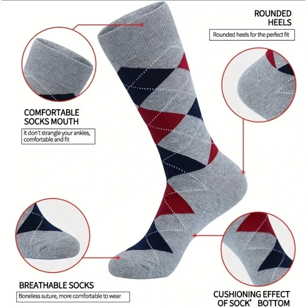 Men's Argyle Diamond Dress Socks Bamboo Blend Retro Vintage Vibes 6 Pairs OS NEW